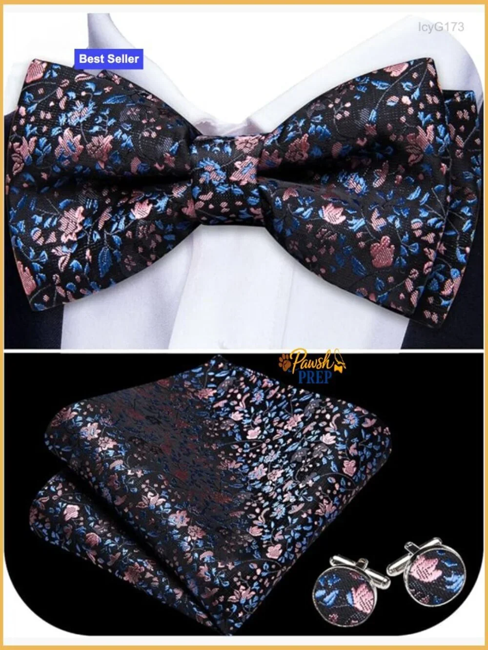 Men's Silk Bow Tie Set with Pocket Square and Cufflinks for Formal Events